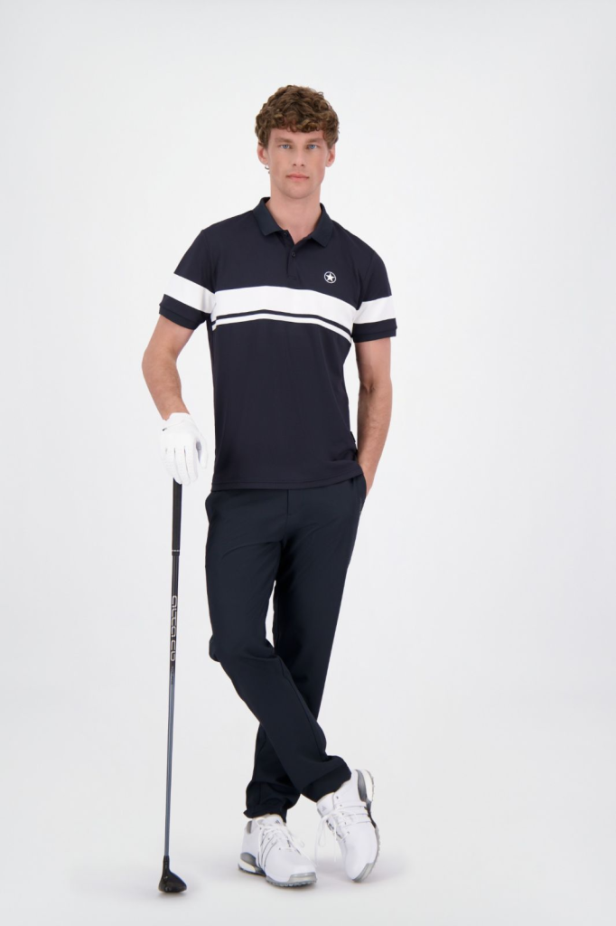 Donkerblauwe Airforce Rafa sportpolo voor heren met witte strepen op kraag en mouw