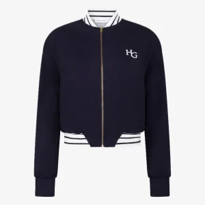 Donkerblauw luxe bomberjack met witte strepen van House of Gravity