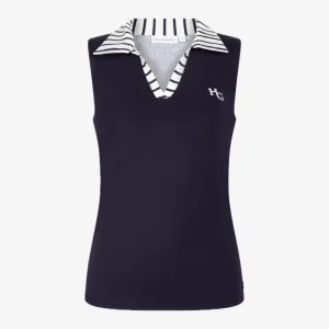 Donkerblauwe mouwloze dames sportpolo met witte strepen van House of Gravity