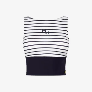 Donkerblauwe sportieve crop top met witte strepen van House of Gravity