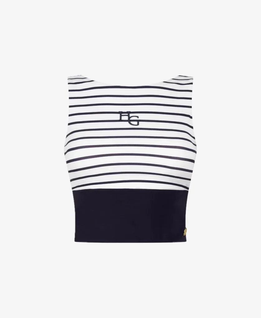 Donkerblauwe sportieve crop top met witte strepen van House of Gravity