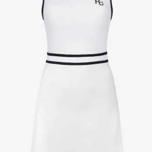 Luxe wit geribbelde sportjurk met blauwe details van House of Gravity voor tennis of padel