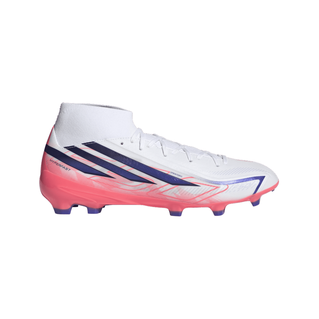 adidas F50 League Mid FG paars neongeel (art. IH7090) voetbalschoenen met mid-cut boord.