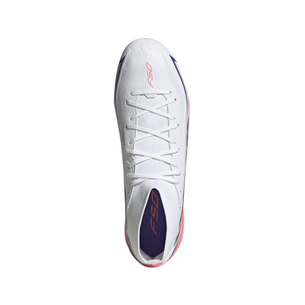 adidas F50 League Mid FG paars neongeel (art. IH7090) voetbalschoenen met mid-cut boord.