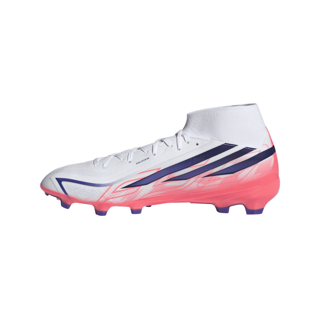 adidas F50 League Mid FG paars neongeel (art. IH7090) voetbalschoenen met mid-cut boord.