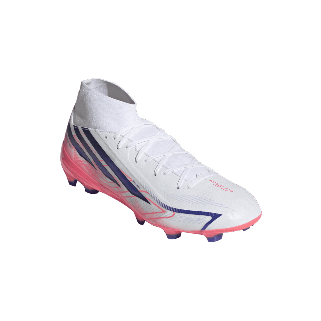 adidas F50 League Mid FG paars neongeel (art. IH7090) voetbalschoenen met mid-cut boord.