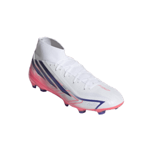 adidas F50 League Mid FG paars neongeel (art. IH7090) voetbalschoenen met mid-cut boord.