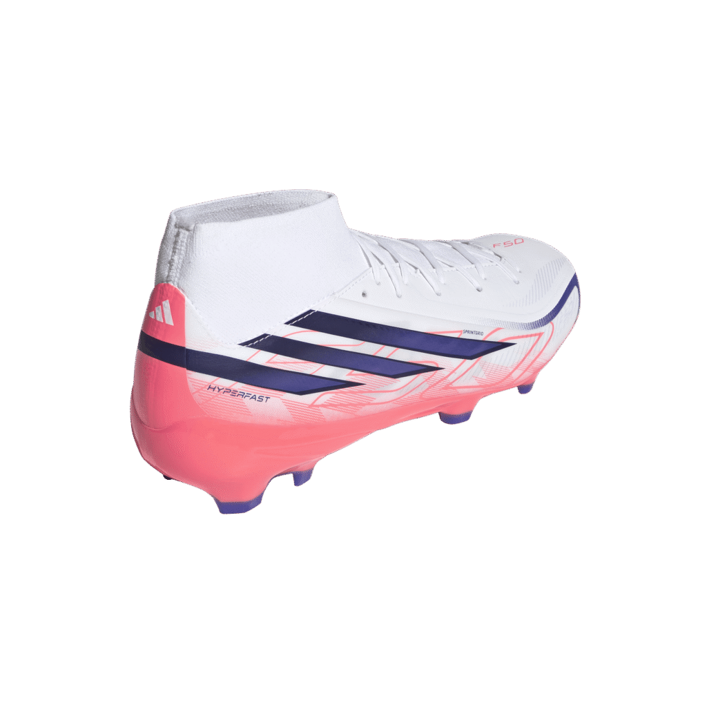 adidas F50 League Mid FG paars neongeel (art. IH7090) voetbalschoenen met mid-cut boord.