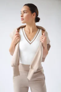 House of Gravity Rib V-Tank Top dames in White Rib Sand Stone sporttop
