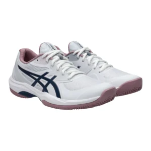 Zijaanzicht van de witte Asics Game FF Clay/OC dames tennisschoen met details.
