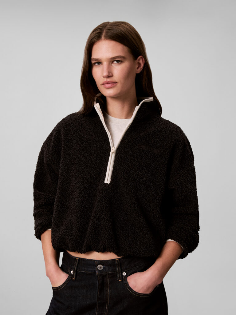 Calvin Klein Sherpa 1/4 Zip dames fleece sweater in zwart met kortere ritssluiting, opstaande kraag en subtiel logo