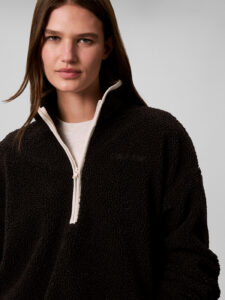 Calvin Klein Sherpa 1/4 Zip dames fleece sweater in zwart met kortere ritssluiting, opstaande kraag en subtiel logo