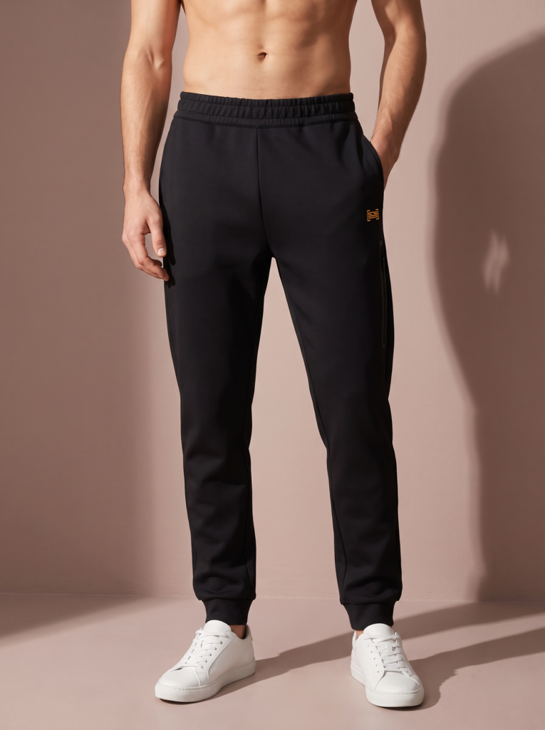 Sjeng Sports Men's Pant Orhan B001 heren trainingsbroek in het zwart met oranje details met zakken en een strakke afwerking