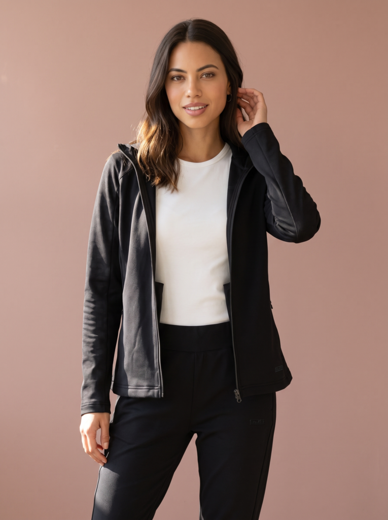 Sjeng Sports Lady Hooded Jacket Rydelle B001 dames vest in het zwart met doorlopende ritssluiting, capuchon en vrouwelijke pasvorm