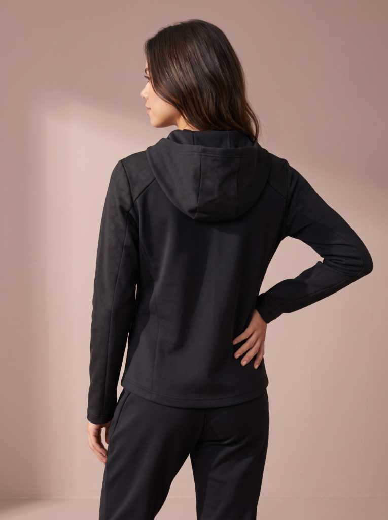Sjeng Sports Lady Hooded Jacket Rydelle B001 dames vest in het zwart met doorlopende ritssluiting, capuchon en vrouwelijke pasvorm