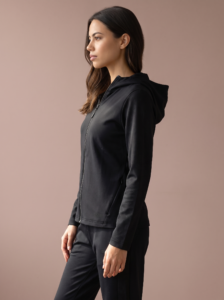 Sjeng Sports Lady Hooded Jacket Rydelle B001 dames vest in het zwart met doorlopende ritssluiting, capuchon en vrouwelijke pasvorm