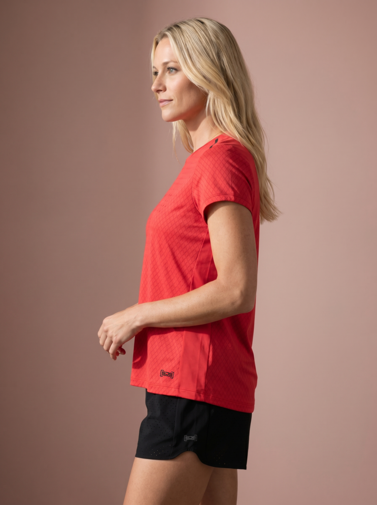 Sjeng Sports Lady Tee Sommer R110 dames sportshirt in het rood met korte mouwen en V-hals