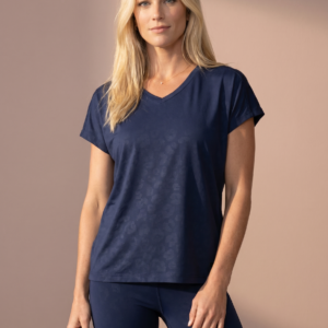 Sjeng Sports Lady Tee Spice N123 dames sportshirt in het blauw met korte mouwen en stijlvolle halslijn