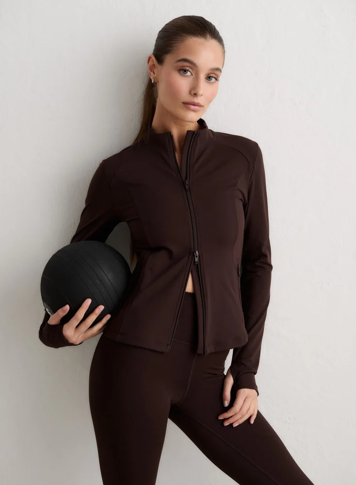 Aim'n Chocolate Sense Zip Jacket 25010696-147 dames sportjasje in de kleur Chocolate bruin met volledige ritssluiting