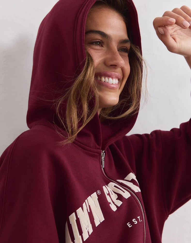 Aim'n Merlot Varsity Sweat Zip Hood 26081529-187 dames vest met rits en capuchon in de kleur Merlot bordeauxrood