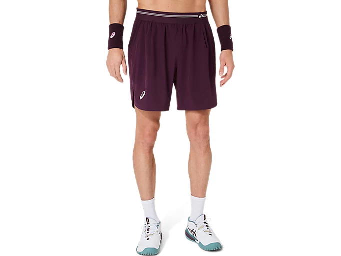 Vooraanzicht van de paars-rode Cassis Asics Game 7 Inch heren sportshort