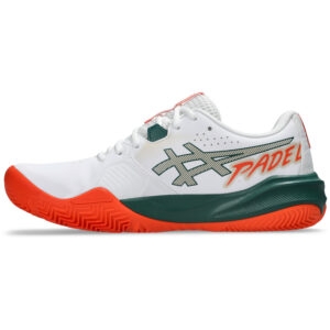 Zijaanzicht van de witte Asics Gel-Challenger 15 Padel herenschoen met Illusion Blue details.