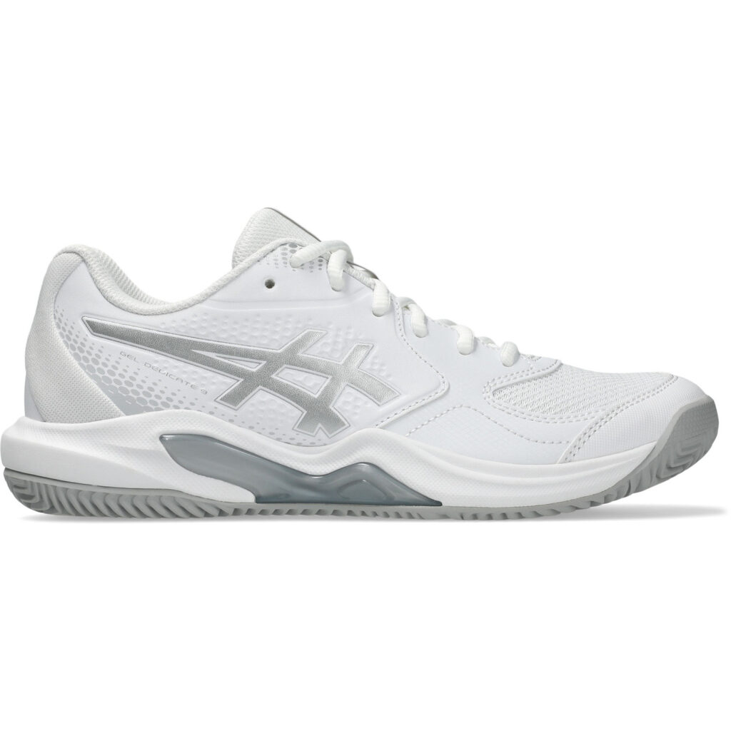 Zijaanzicht van de witte Asics Gel-Dedicate 9 Padel dames padelschoen