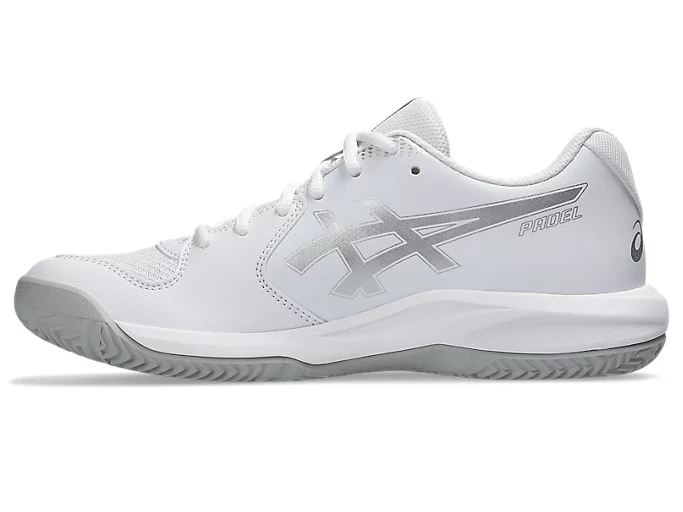 Zijaanzicht van de witte Asics Gel-Dedicate 9 Padel dames padelschoen