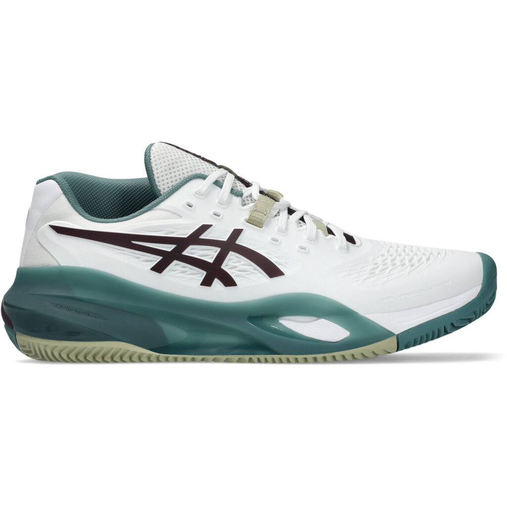 Zijaanzicht van de witte Asics Gel-Resolution 10 Clay heren tennisschoen