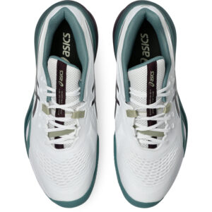 Zijaanzicht van de witte Asics Gel-Resolution 10 Clay heren tennisschoen