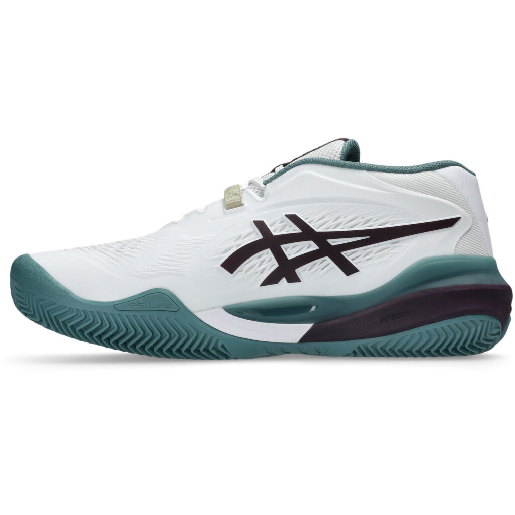 Zijaanzicht van de witte Asics Gel-Resolution 10 Clay heren tennisschoen