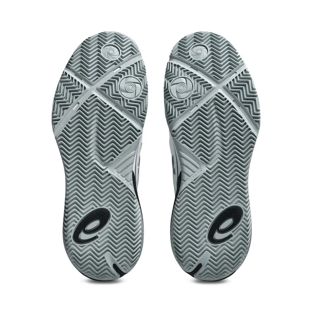 Onderkant van de Asics Gel-Resolution 10 Padel herenschoen met het specifieke padelprofiel en Pivot Points voor soepele draaibewegingen.