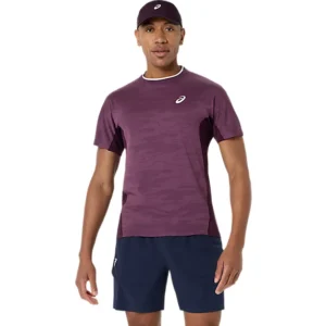 Asics Match Jacquard SS Top voor heren in Dark Aubergine (2041A419-500) met ademende jacquardstructuur