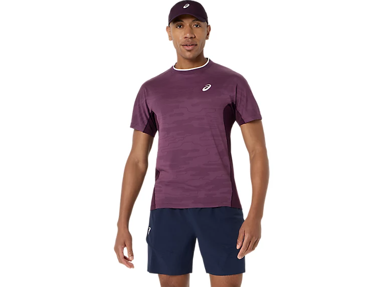 Asics Match Jacquard SS Top voor heren in Dark Aubergine (2041A419-500) met ademende jacquardstructuur