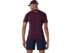 Asics Match Jacquard SS Top voor heren in Dark Aubergine (2041A419-500) met ademende jacquardstructuur