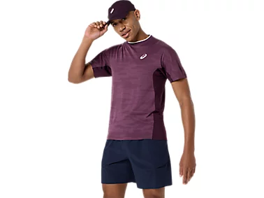 Asics Match Jacquard SS Top voor heren in Dark Aubergine (2041A419-500) met ademende jacquardstructuur