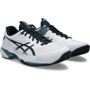 Zijaanzicht van de witte Asics Solution Speed FF 4 Clay heren tennisschoen