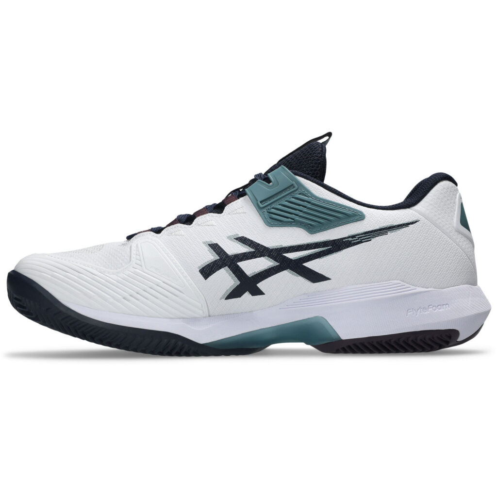 Zijaanzicht van de witte Asics Solution Speed FF 4 Clay heren tennisschoen