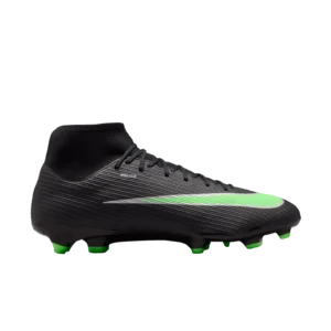Zijaanzicht van de zwarte Nike Mercurial Superfly 11 Academy MG voetbalschoen met Illusion Green details uit het Shadow Pack.