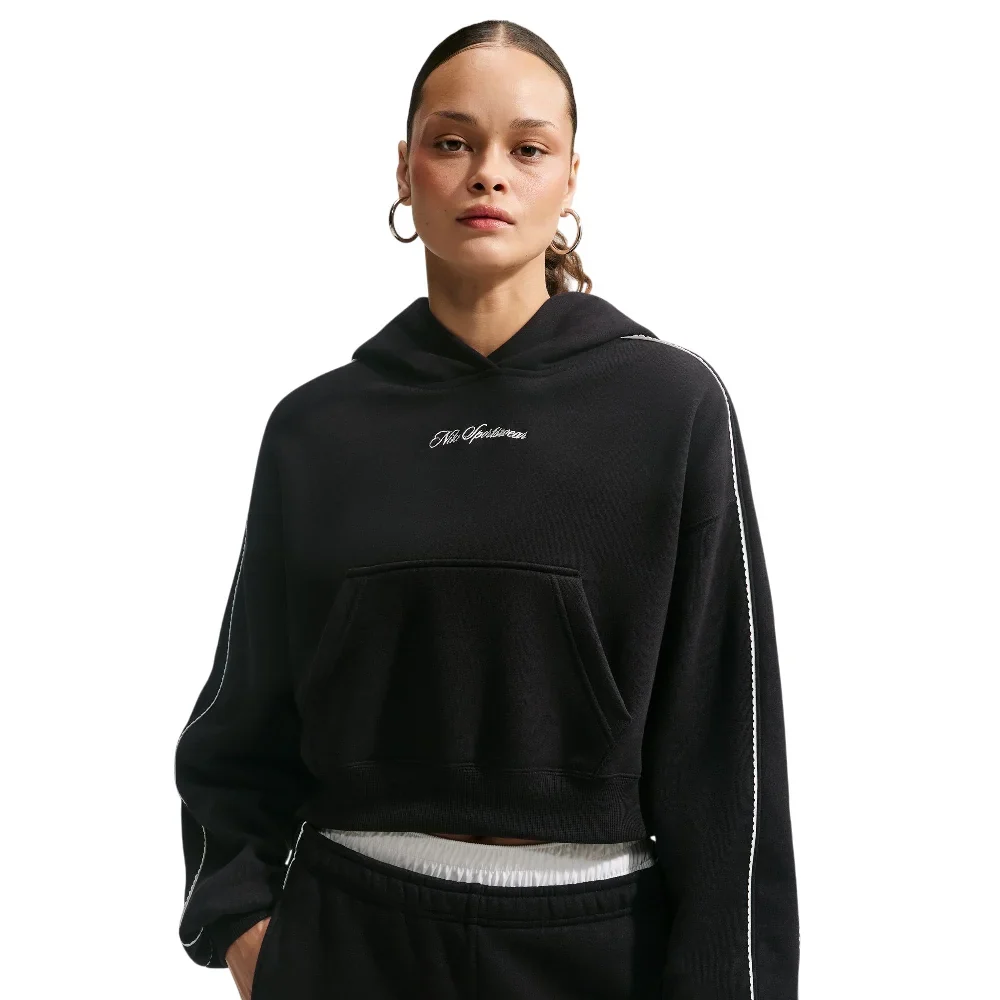 Nike Studio Fleece Womens Oversized Sweater in het zwart met comfortabele wijdere pasvorm en subtiel Nike-logo