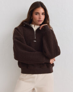 Aim'n Chocolate Pile Half Zip warme en zachte bruine dames teddy fleece sweater met halve rits