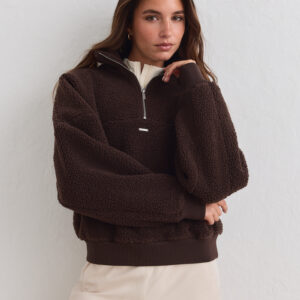 Aim'n Chocolate Pile Half Zip warme en zachte bruine dames teddy fleece sweater met halve rits