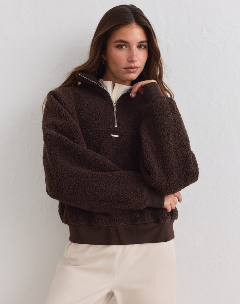 Aim'n Chocolate Pile Half Zip warme en zachte bruine dames teddy fleece sweater met halve rits
