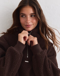 Aim'n Chocolate Pile Half Zip warme en zachte bruine dames teddy fleece sweater met halve rits