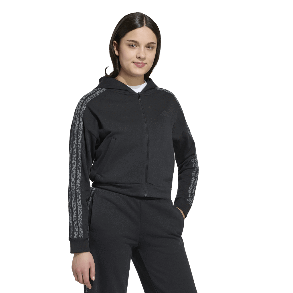 Adidas Seasonals Animal Full Zip Hoodie KC7203 zwart meidenvest met gekleurde dierenprint 3-stripes