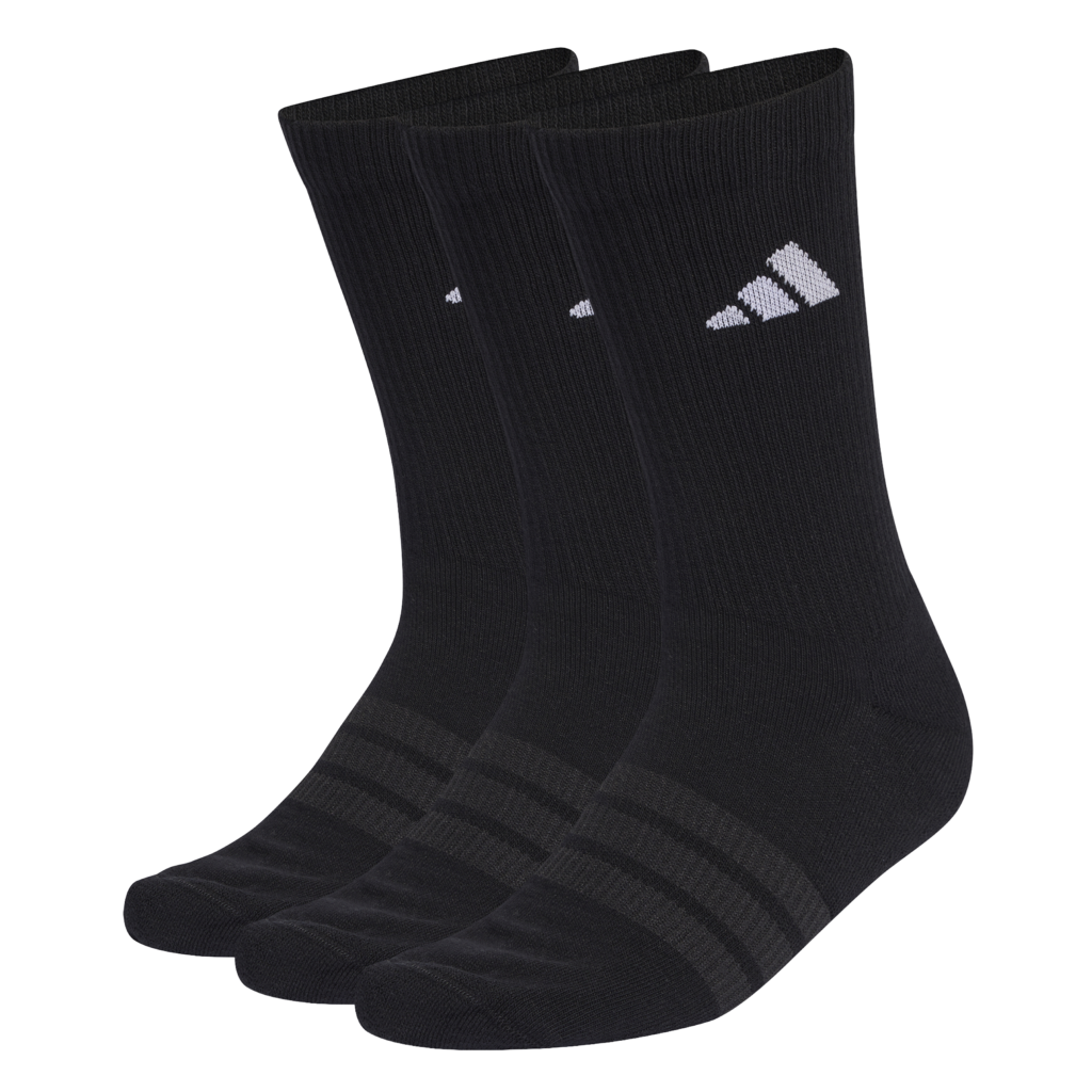 adidas C Ess Crew Socks 3-p KC9626 zwarte hoge sportsokken met wit adidas logo en gedempte zool 3-pack