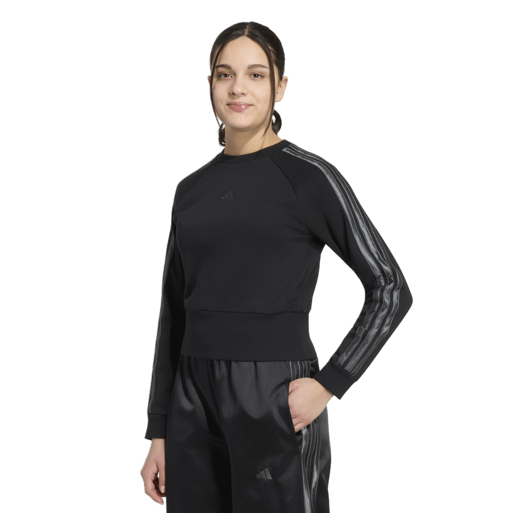 Adidas Satin Sweatshirt KQ7043 zwarte meidensweater met glimmende satijnen details en 3-stripes