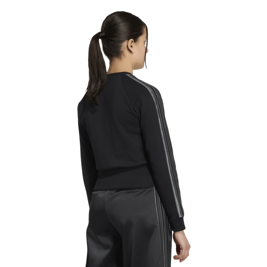 Adidas Satin Sweatshirt KQ7043 zwarte meidensweater met glimmende satijnen details en 3-stripes
