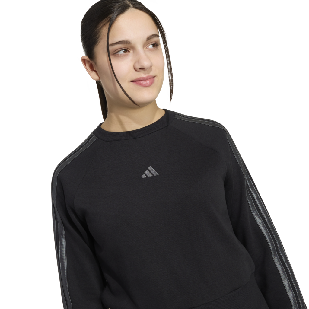 Adidas Satin Sweatshirt KQ7043 zwarte meidensweater met glimmende satijnen details en 3-stripes