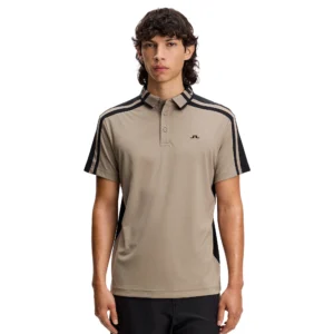 J.Lindeberg Bozak Polo GMJT17047-U144 JL Brindle taupe-grijze technische golfpolo met kraag en logo